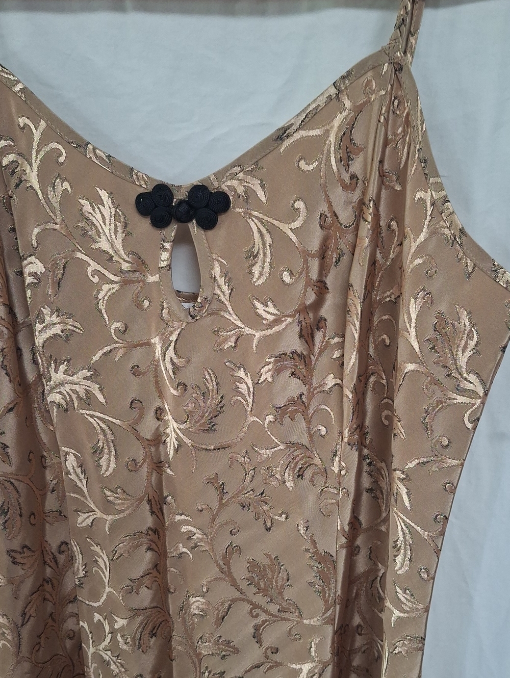 Vtg 90s Y2K Delicates Tan Gold Floral Jacquard Satin Slip Maxi Dress M